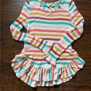 Multi color striped Long Sleeve Tee with Ruffled Hem